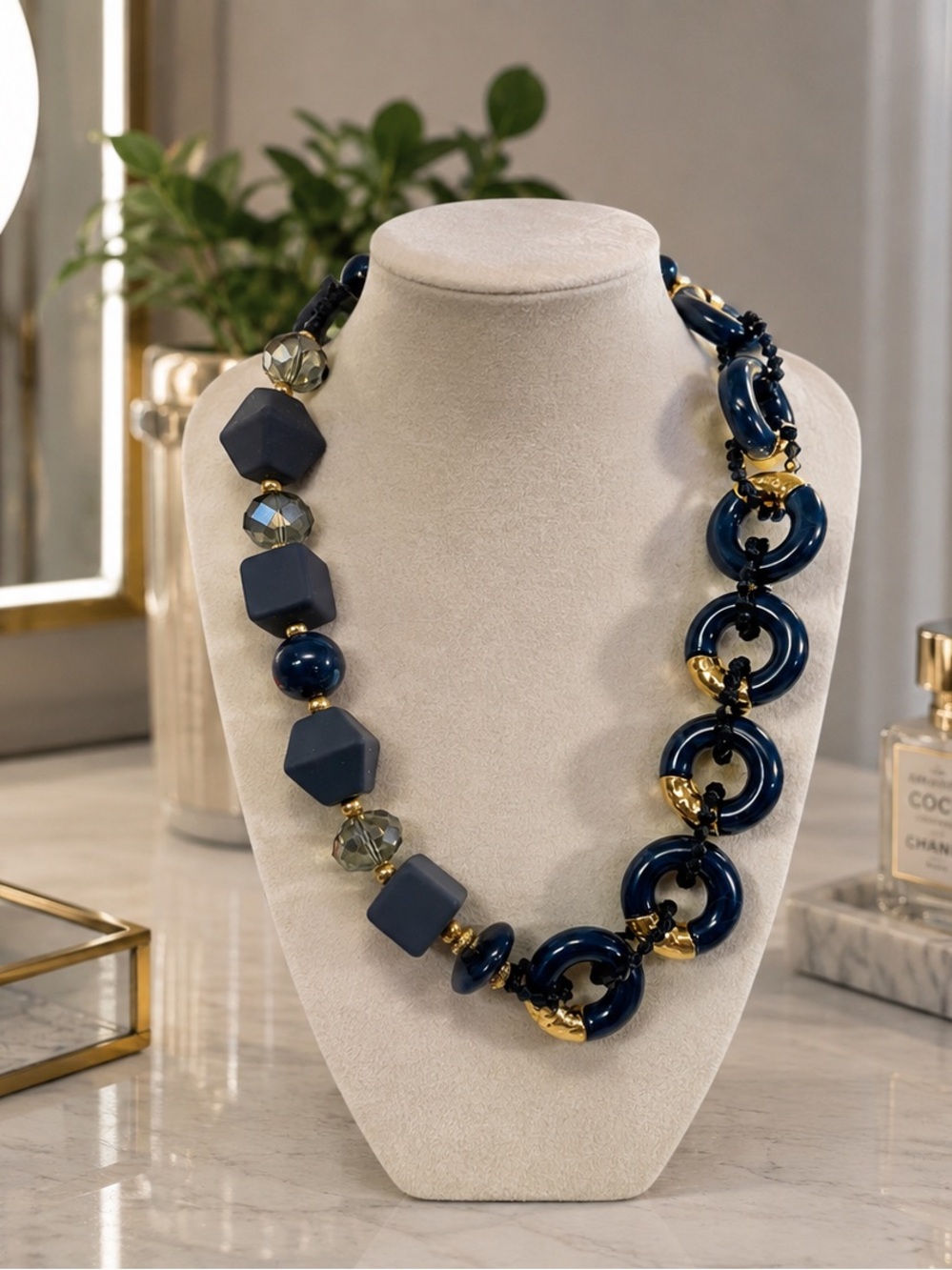 Chunky Asymmetrical Mixed Media Navy and Gold Tone Statement Necklace